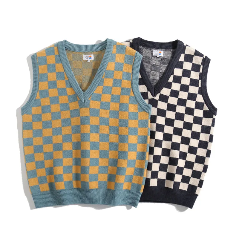 Men Japan Fashion Cityboy Checkerboard Plaid Streetwear Loose Casual Pullover Sleeveless Knit Sweater Vest Women Male Waistcoat