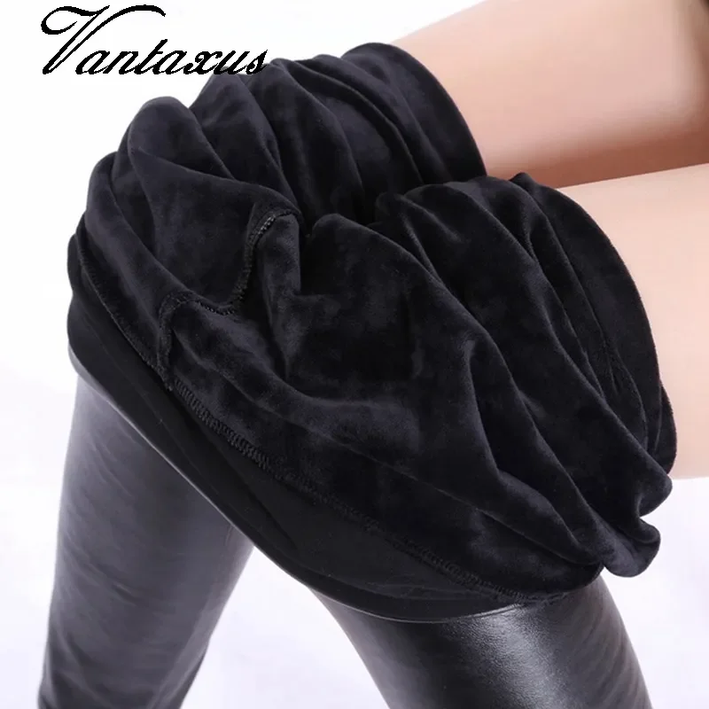 

women autumn winter keep warm slim leather leggings high waist skinny faux leather pants female thick fleece PU legging
