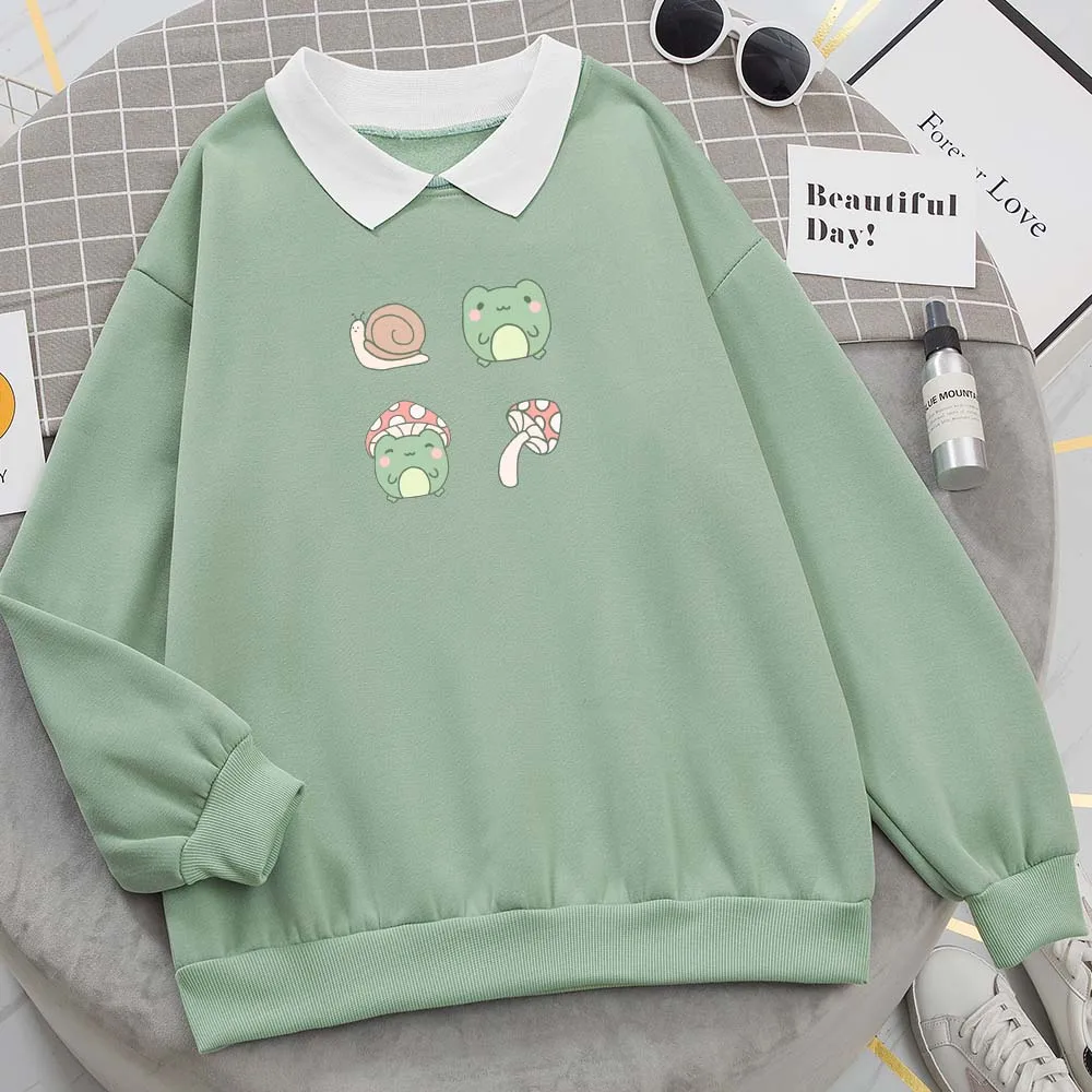 Women Sweetshirts Frog Mushroom Snail Printing Hoodies Girls Lapel Sweater Fashion Elements Sweatshirt Tee Tops Women's Clothing