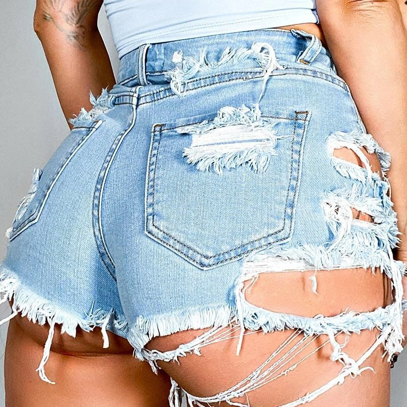 

2021 Spring and Summer New Lrregular Fashion Ripped Holes Stretch Denim Shorts Sexy Nightclub Club Hot Shorts Women's Clothing