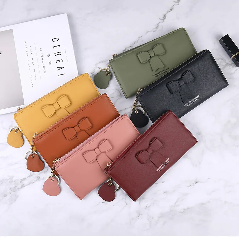 New Women's Korean Style Personalized High Quality Leather Multi Functional Long Buckle Zipper Wallet With Bowknot and Key Ring