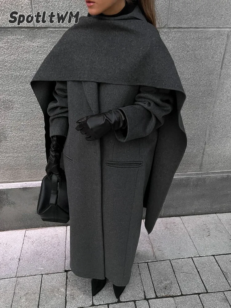 Женская шерстяная куртка большого размера с воротником-шарфом и карманами