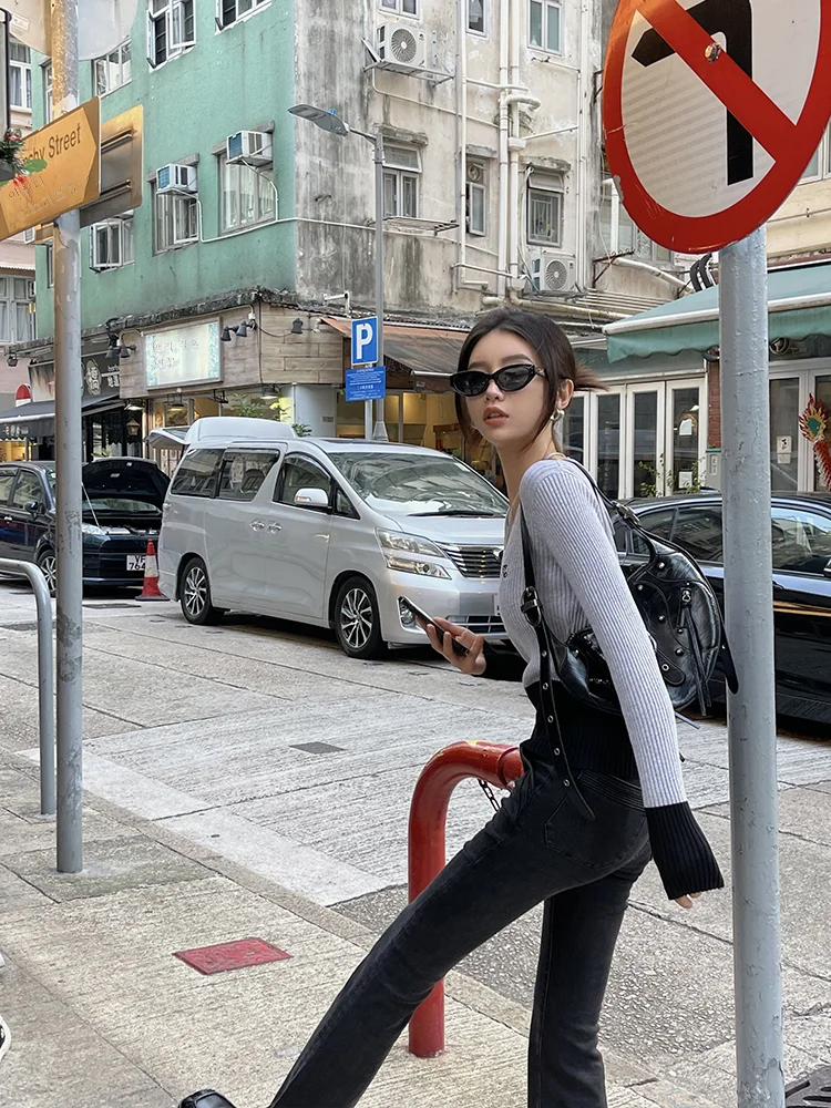 ZQ Ziqing весенне-осенний облегающий свитер с v-образным вырезом для похудения