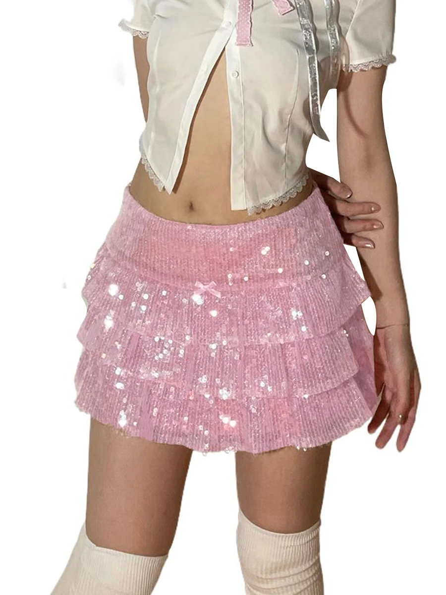 

Женская мини-юбка с блестками для девочек, однотонная розовая юбка с блестками и оборками, многослойная Короткая юбка для торта, для дня рождения, яркая Клубная одежда