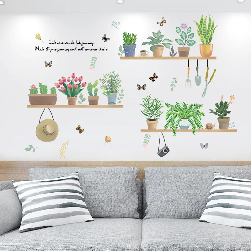 

New Cartoon Green Plant Flower Butterfly Wall Stickers Living Room Bedroom Decorative Painting Pastoral Style Wall Decoration
