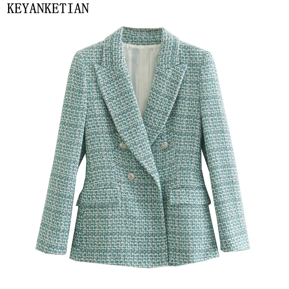 

KEYANKETIAN ZA Women's Tweed Textured Double Breasted Blazer Vintage Notch Collar Long Sleeve Jacket Coat Women's Casual Top