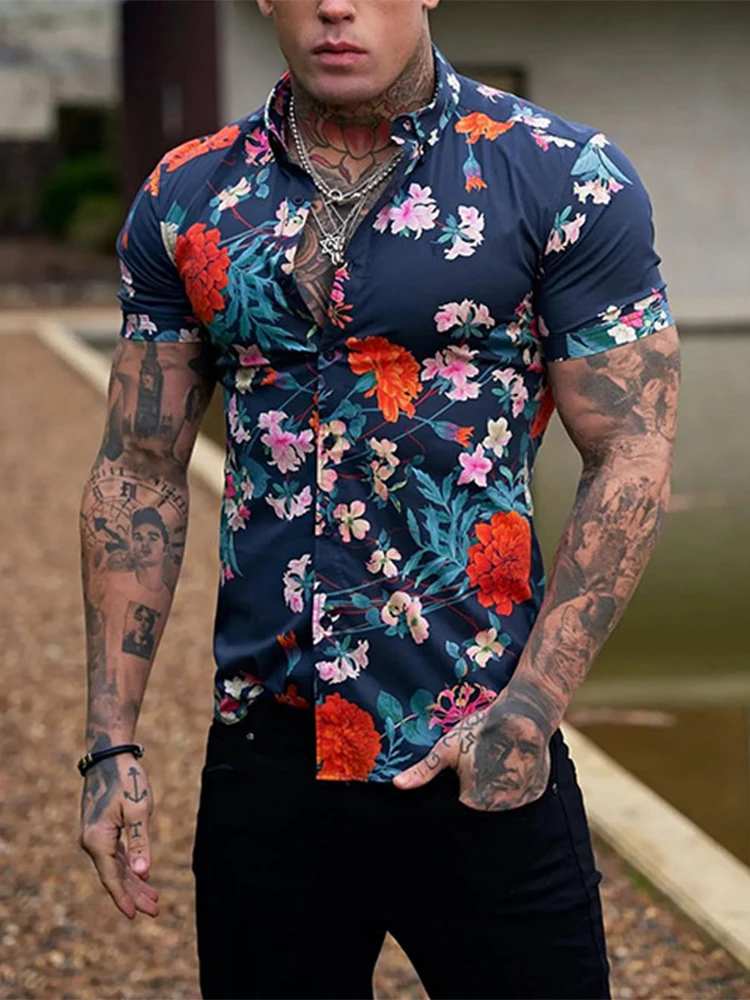

Retro Short Sleeve Floral Print Shirt Tops Mens Slim Solid Shirts Summer New Fashion Buttoned Turn-down Collar Shirt For Men New