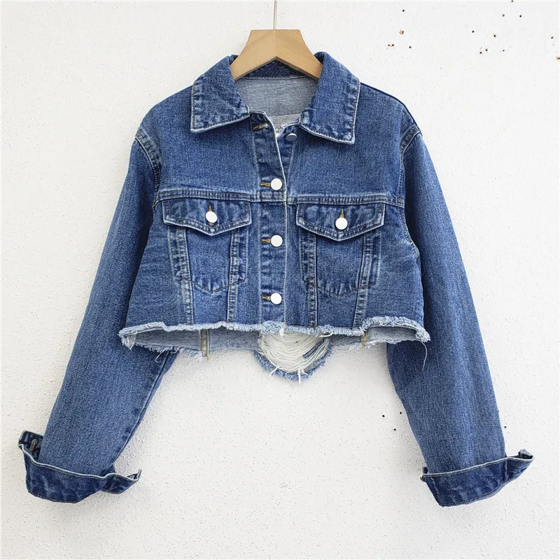 

Spring Vintage Hole Washed Blue Short Jeans Jacket Lapel Long Sleeve Frayed Hem Autumn Casual Single-breasted Women Denim Jacket