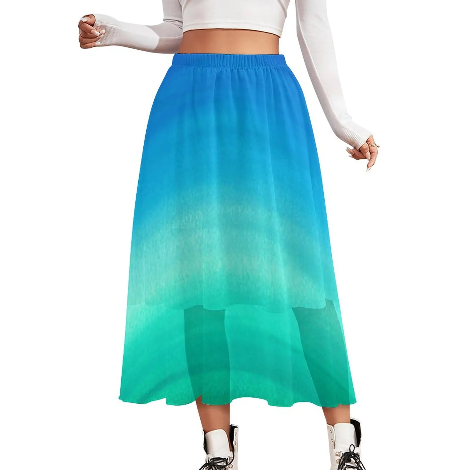 

Blue Green Ombre Skirt Women Watercolor Neon Ocean Cute Long Skirts Printed Elastic Waist Y2K A-line Skirt Big Size