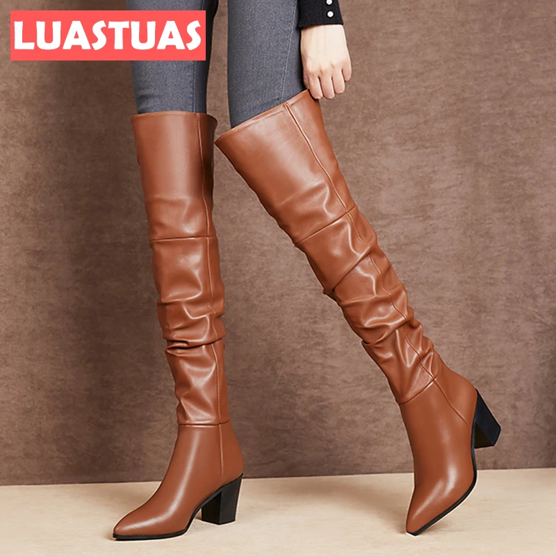 

LuasTuas Size 31-43 Genuine Leather Women'S Long Boots Winter Female Shoes Fashion High Heels Over Knee Boot Ladies Footwear