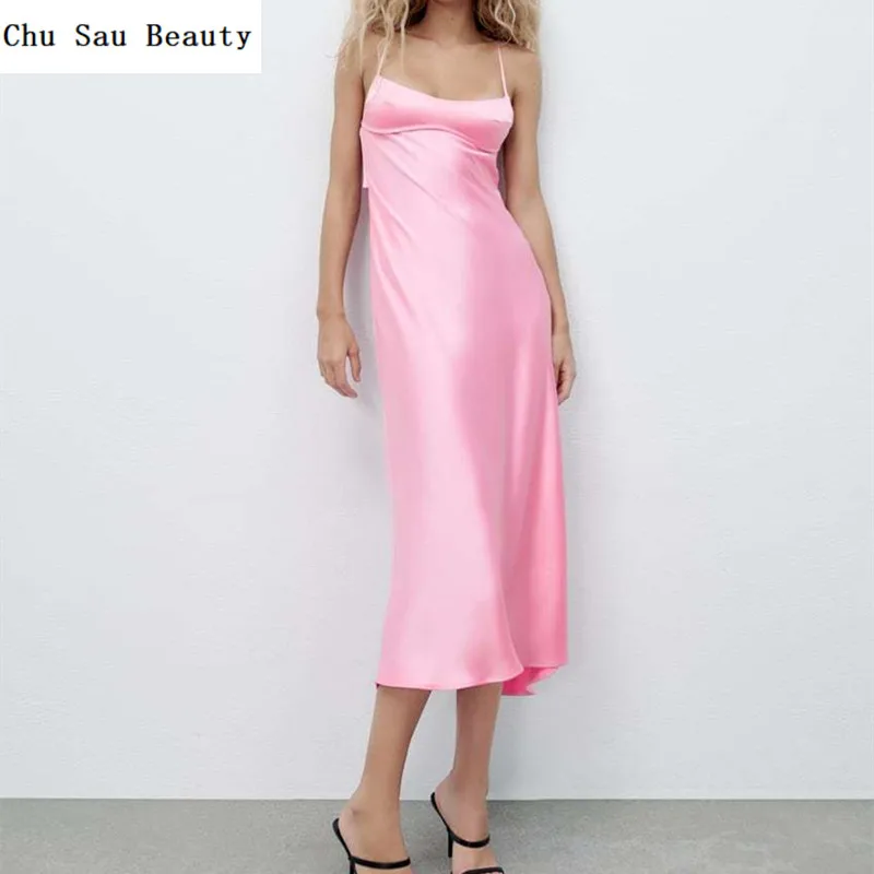 2022 ZA New Women Hollow Design Silk Satin Texture Midi Suspender Dress Summer Sexy Revealing Back Slit Slim Pink Dress