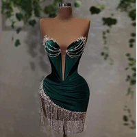 green cocktail dresses for ladies velvet beading sequined tassel mini skirt night party sexy prom dress robe de soir%c3%a9e femme