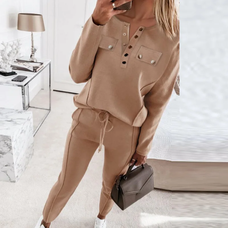 

Women Fashion Sweatshirt Loose Outfits Elegant V-neck Button Pullover and Long Pants Suit Casual Long Sleeve Solid Two Piece Set
