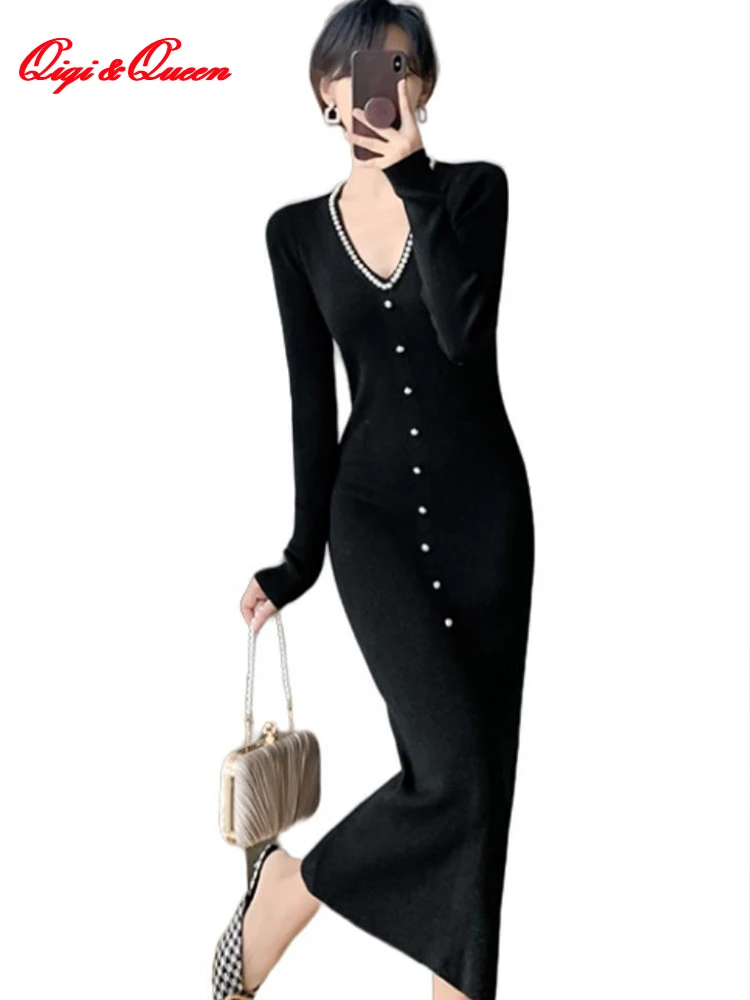 

Женское трикотажное платье-карандаш Qiqi & queen, черное повседневное офисное платье с длинным рукавом и бусинами, Осень-зима 2023