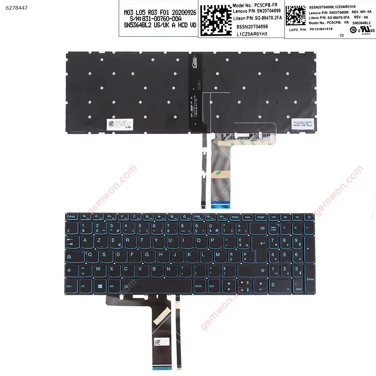 

French AZERTY Keyboard for Lenovo IdeaPad L340 L340-15 L340-17 L340-15IRH 320-15ABR 320-15IAP 320-15AST Black Backlit Blue Print