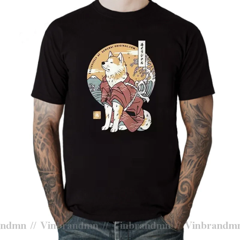 Футболка мужская с японским аниме мультяшный Самурай воин Сиба-ину Акита самурая