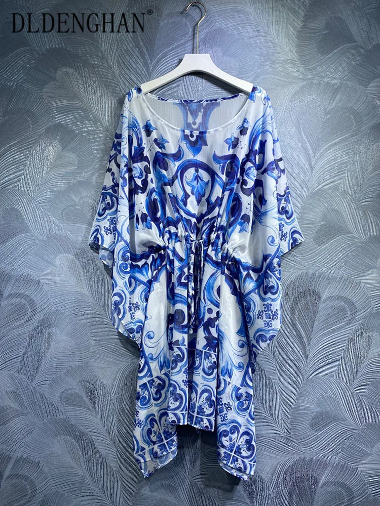 

DLDENGHAN Spring Summer Loose Chiffon Dress Women O-Neck Batwing Sleeve Blue and White Porcelain Print Vacation Dress Runway New