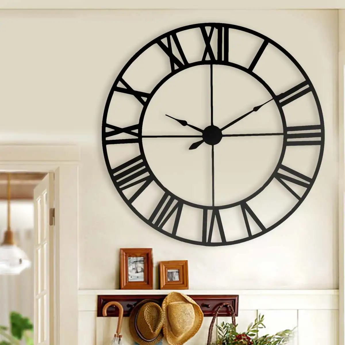 

New 80 Cm Modern 3D Large Retro Black Iron Art Hollow Wall Clock Roman Numerals Home Decor Big clock on the wall