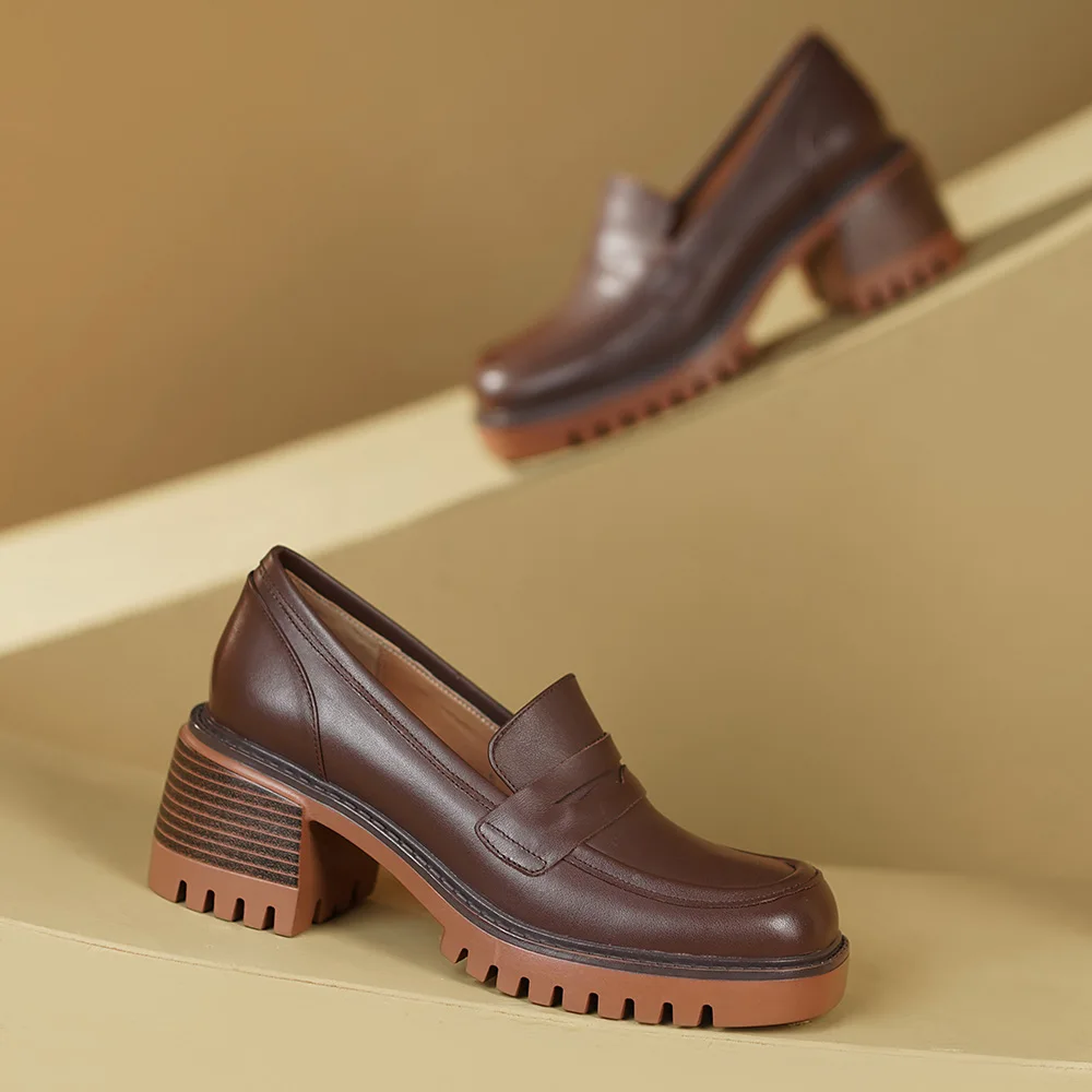 Cialisa Spring Women Shoes New Round Toe Genuine Leather High Quality Platform Loafers Casual Chunky Heels Ladies Footwear Brown
