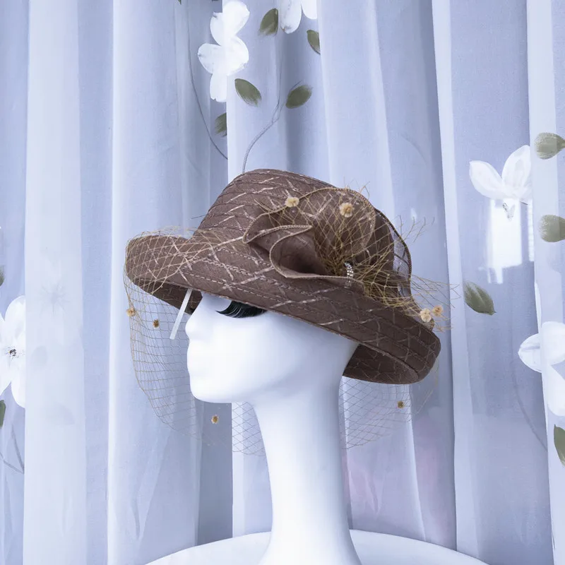 Lady Organza Fedoras Hat Elegant Wide Brim Organza Hat Women British Style Flower Decoration Kentucky Derby Hat