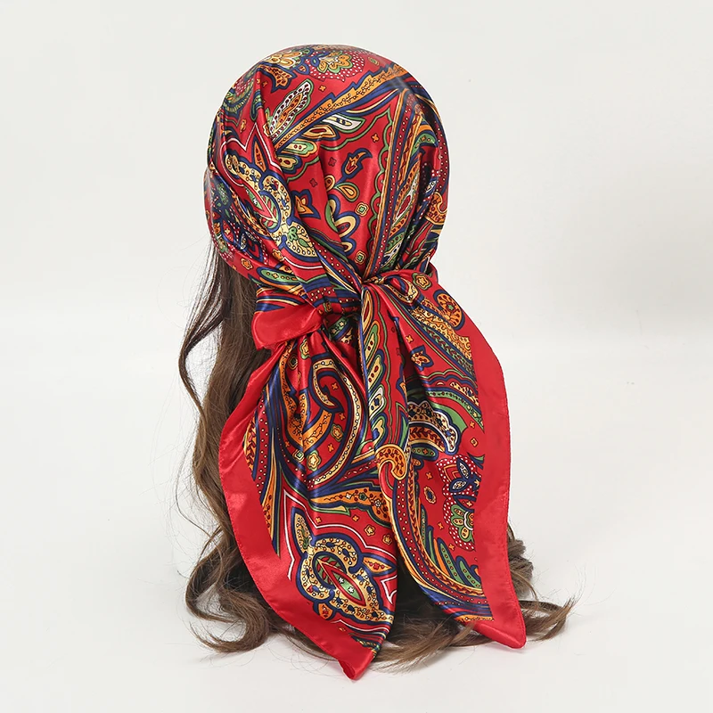 

90*90Cm Paisley Flower Print Silk Shawl Satin Square Scarf for Women New Headband Print Foulard Hijab Wraps Hair Bands Bandana