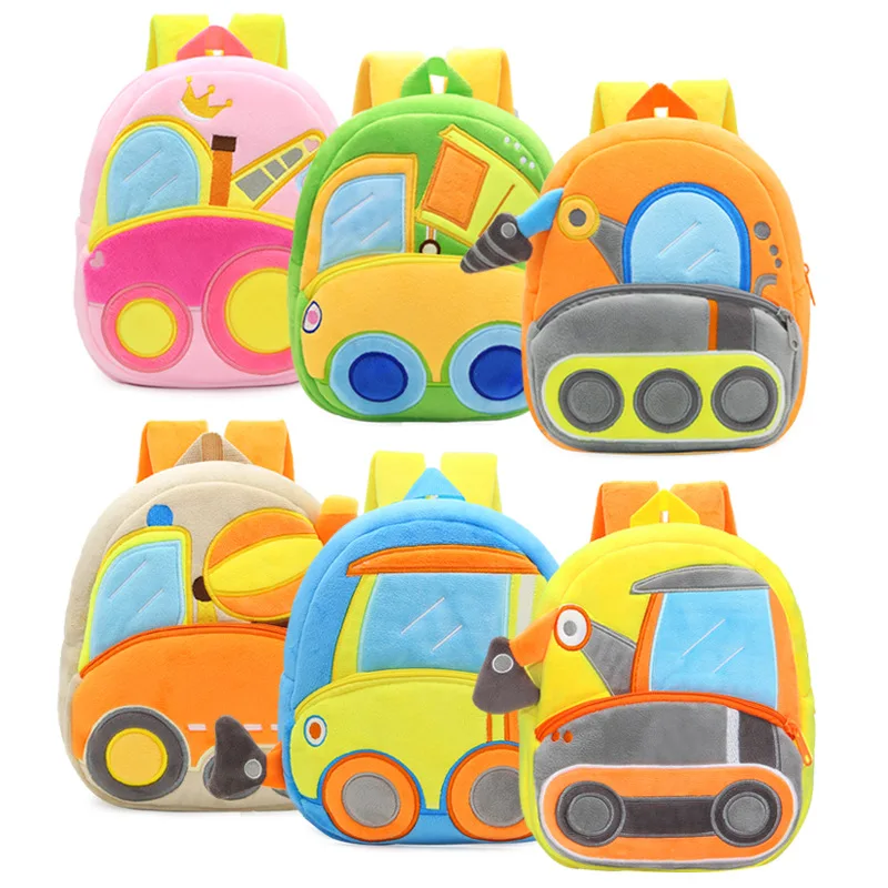 Engineering Vehicle Creative Cute Children's Schoolbag Cartoon Fire Truck Excavator Plush Backpack Boy Girls Toddler Bags 4-6Y