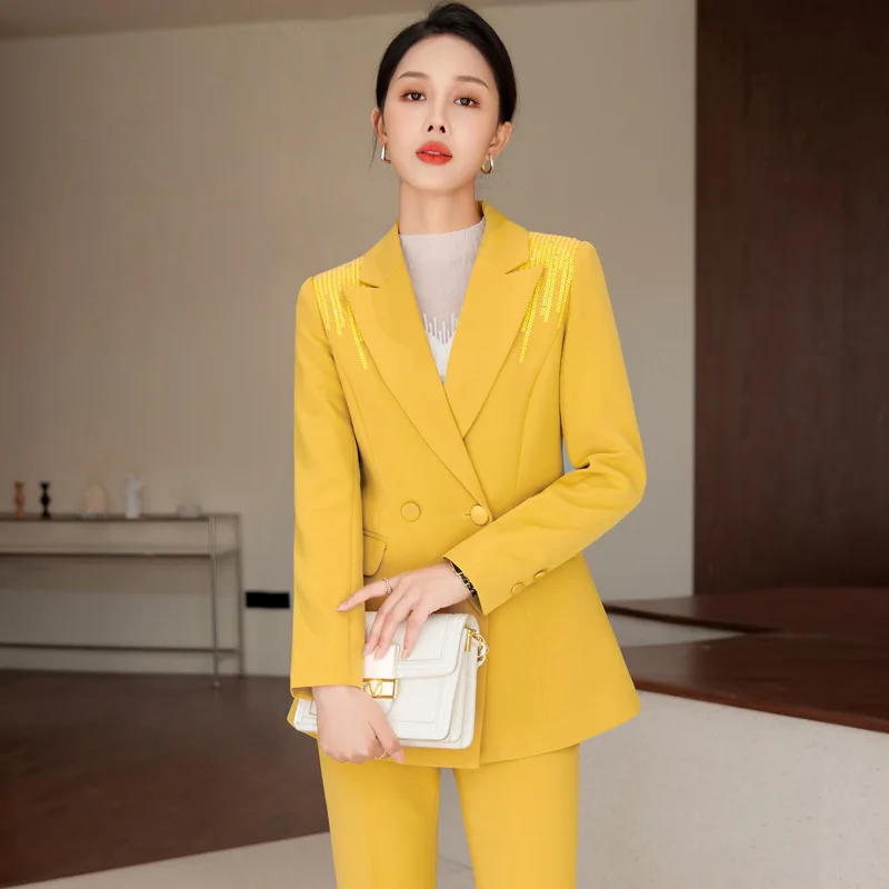 Kohuijoo Yellow Blazer Pants Set Woman 2 Pieces Autumn Korean Clothing Elegant Fashion Long Sleeve Professions Women's Pantsuit