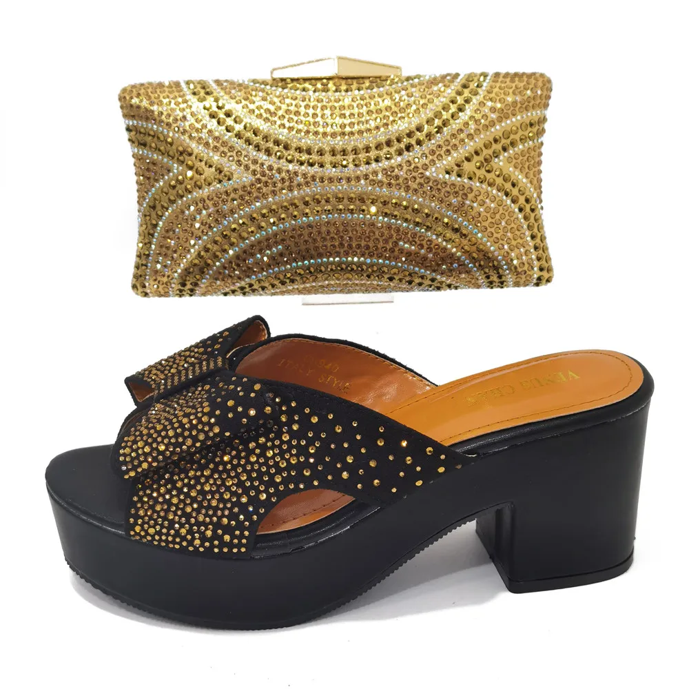 Fashion Italian design Ladies Shoes with Matching Bags African Nigerian Women Wedding Shoes and Bag Set in Gold Color