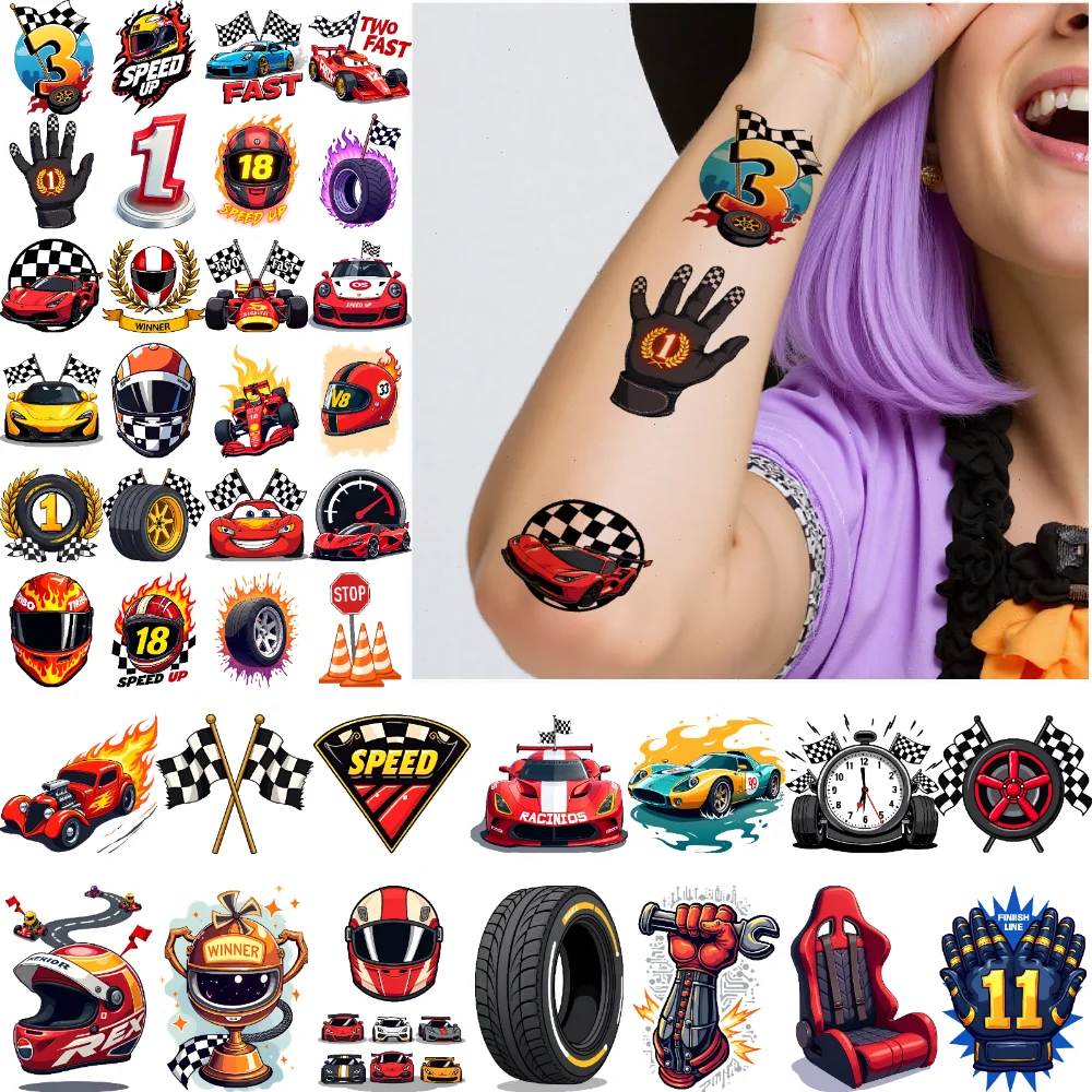 Фото 63 шт. временные татуировки гоночный автомобиль татуировки временные татуировки наклейки клетчатый флаг татуировки мультфильм для женщин щек №5