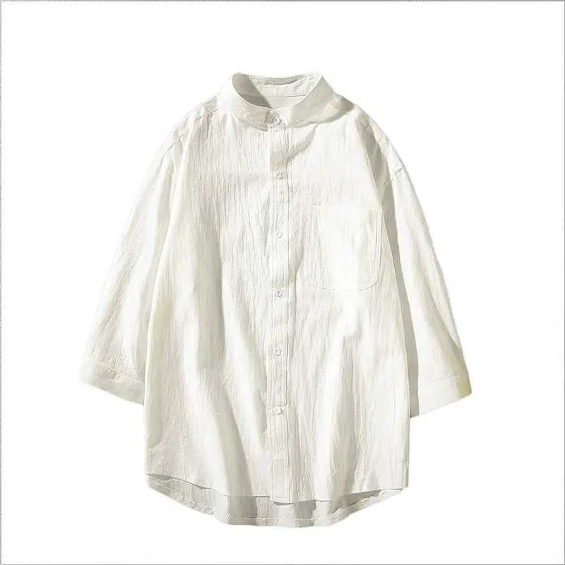 Cotton Linen Hot Sale Men's Short-Sleeved Shirts Summer Solid Color White Stand-Up Collar Casual Beach Style  5xl E75