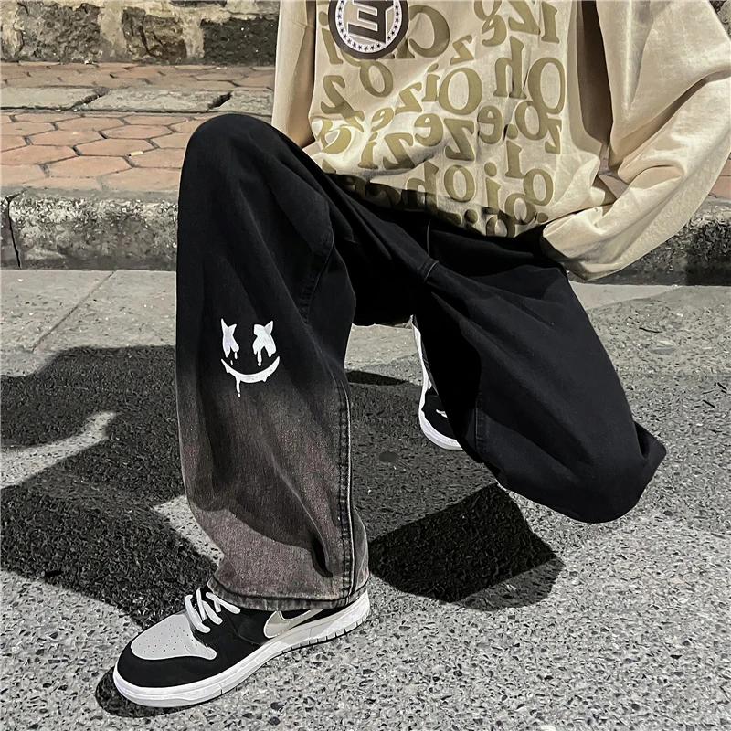 

Уличная одежда, женские градиентные джинсы, дизайнерские прямые брюки с принтом выражений, мужские и женские брюки для отцов в стиле Хай-стр...