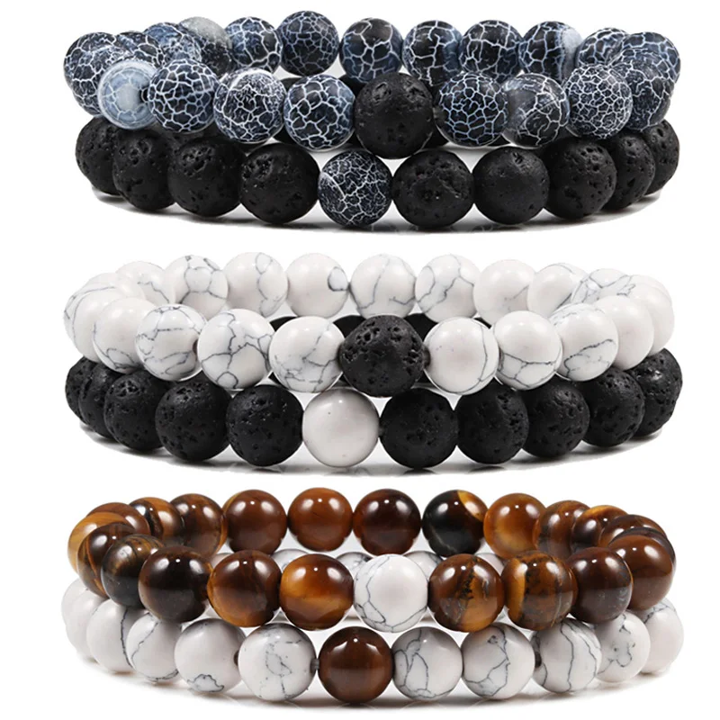 

Set Bracelet Couples Distance Black White Natural Lava Stone Tiger Eye Beaded Yoga Bracelets For Men Women Elastic Rope Jewelry