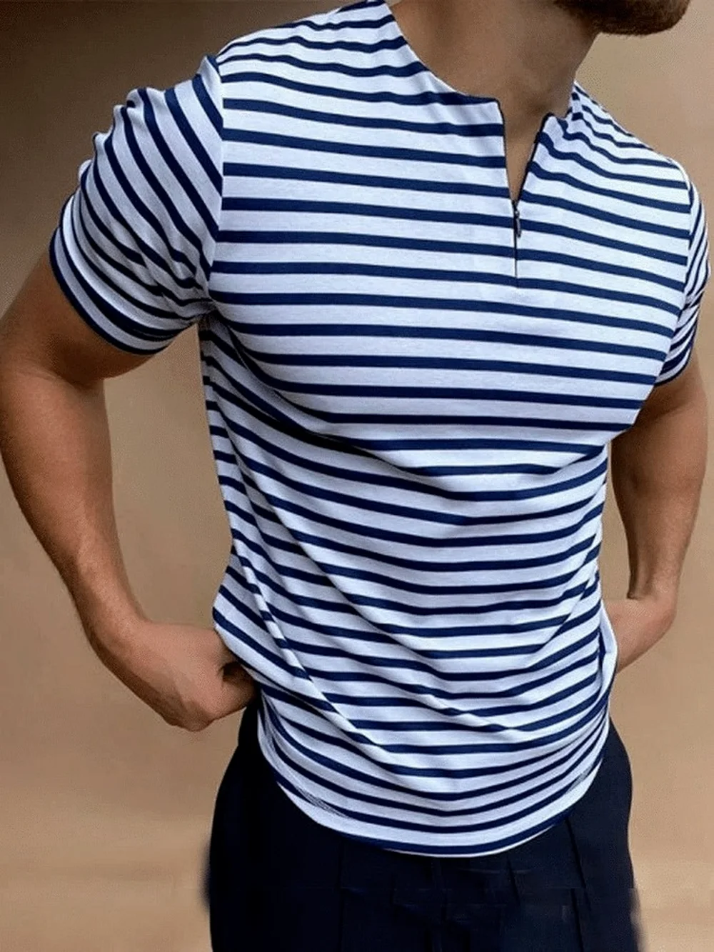 

2022 Summer Polo T-Shirt Slit Short Sleeve Casual Cotton Slim Fit 3D Digital Printing Striped Polo Shirt Polos Para Hombre