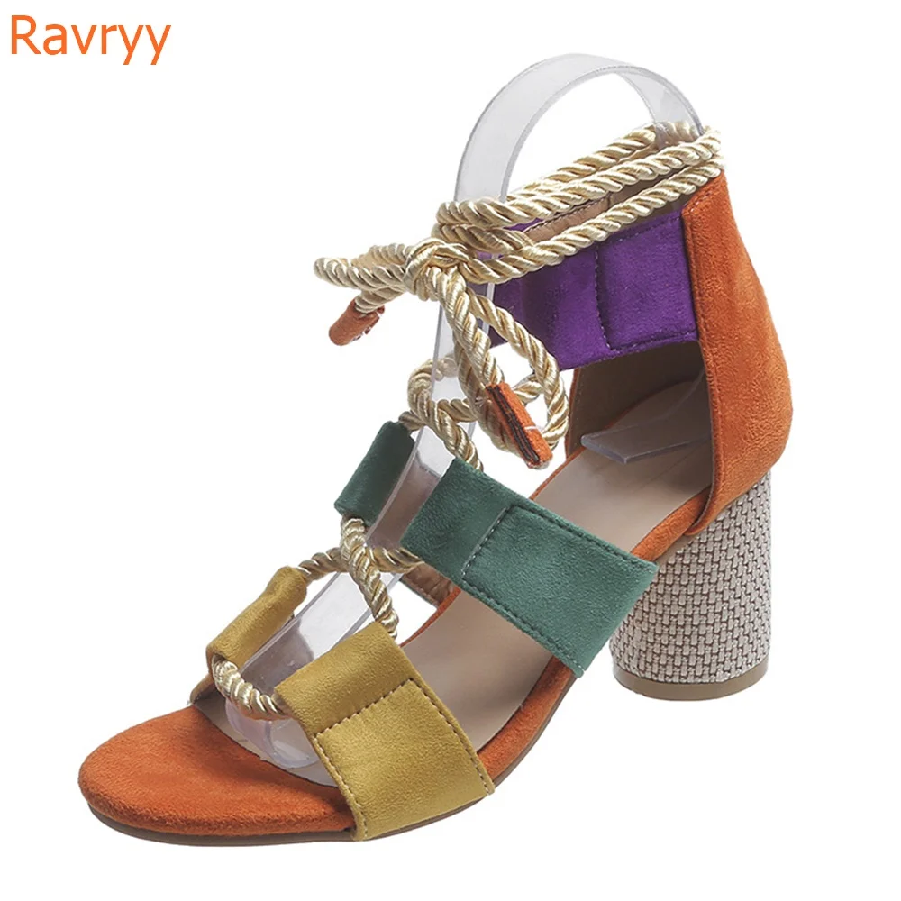 Cross Tied Gladiator Sandals Round Heel  Women Ankle Wrap Shoes Mixed Colors Heel Open Toe Summer High Heel Sandals