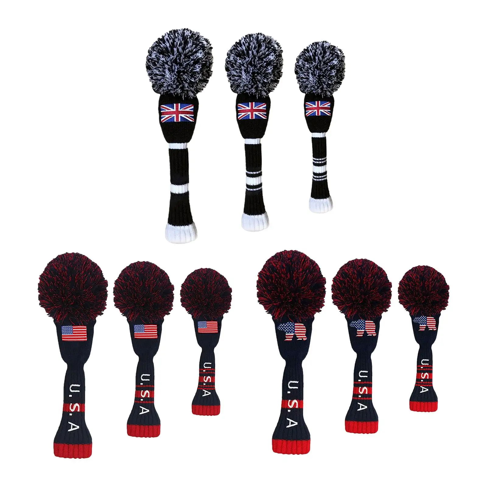 

3xKnit Wood Golf Club Covers National Flag Sock No. Tags 1 3 5 Handmade Knitted