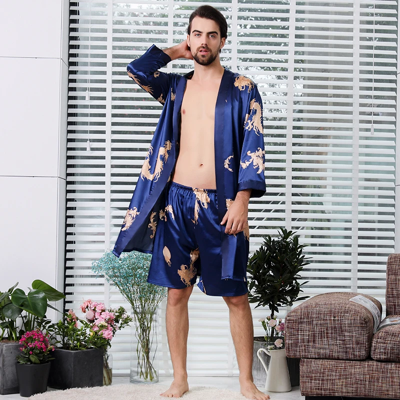 High-end Inoble Imitation Silk Men's Bathrobe Shorts Two-piece Large Size Men's Pajamas Pajamas Home Clothes