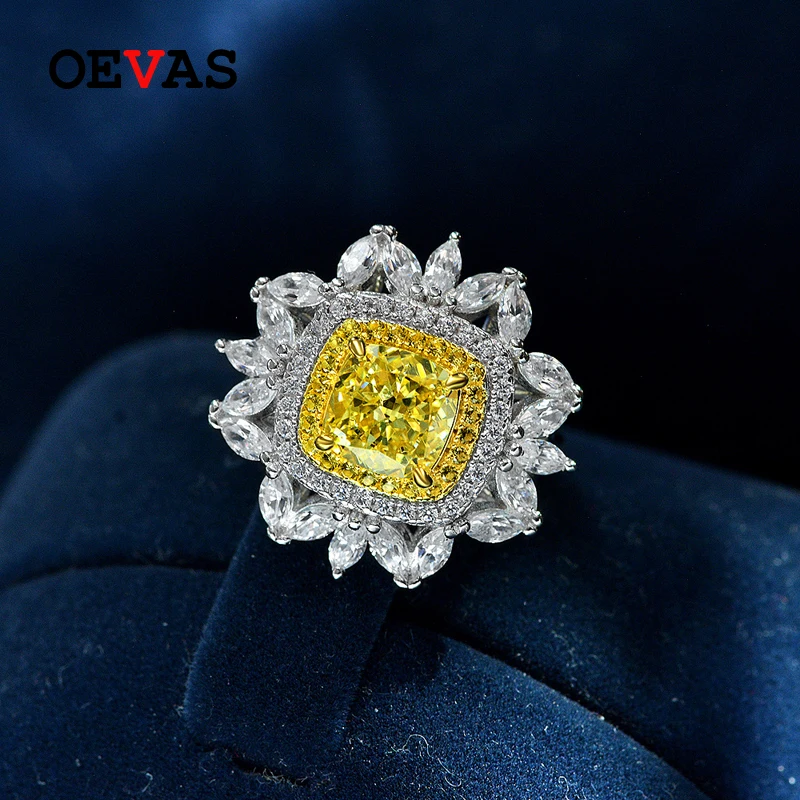 

OEVAS 100% 925 Sterling Silver 7*7mm Pink Yellow High Carbon Diamond Ice Flower Cut Rings For Women Sparkling Fine Jewelry Gifts