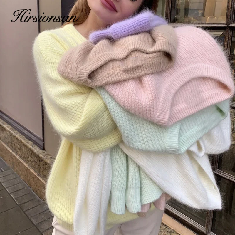 

Hirsionsan Soft Loose Knitted Cashmere Sweaters Women 2021 New Winter Loose Solid Female Pullovers Warm Basic Knitwear Jumper