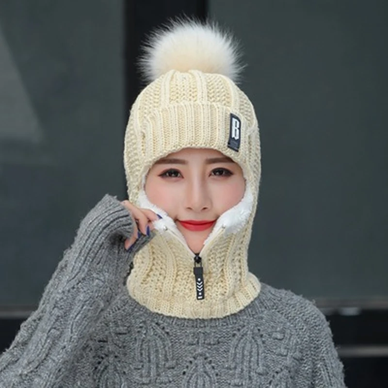 

Winter women's Knitted Caps Plush Pullover Earmuff Bib Cap For Warmth Bonnet Hivers Femme strickmütze Pompom Fur Warm Hat