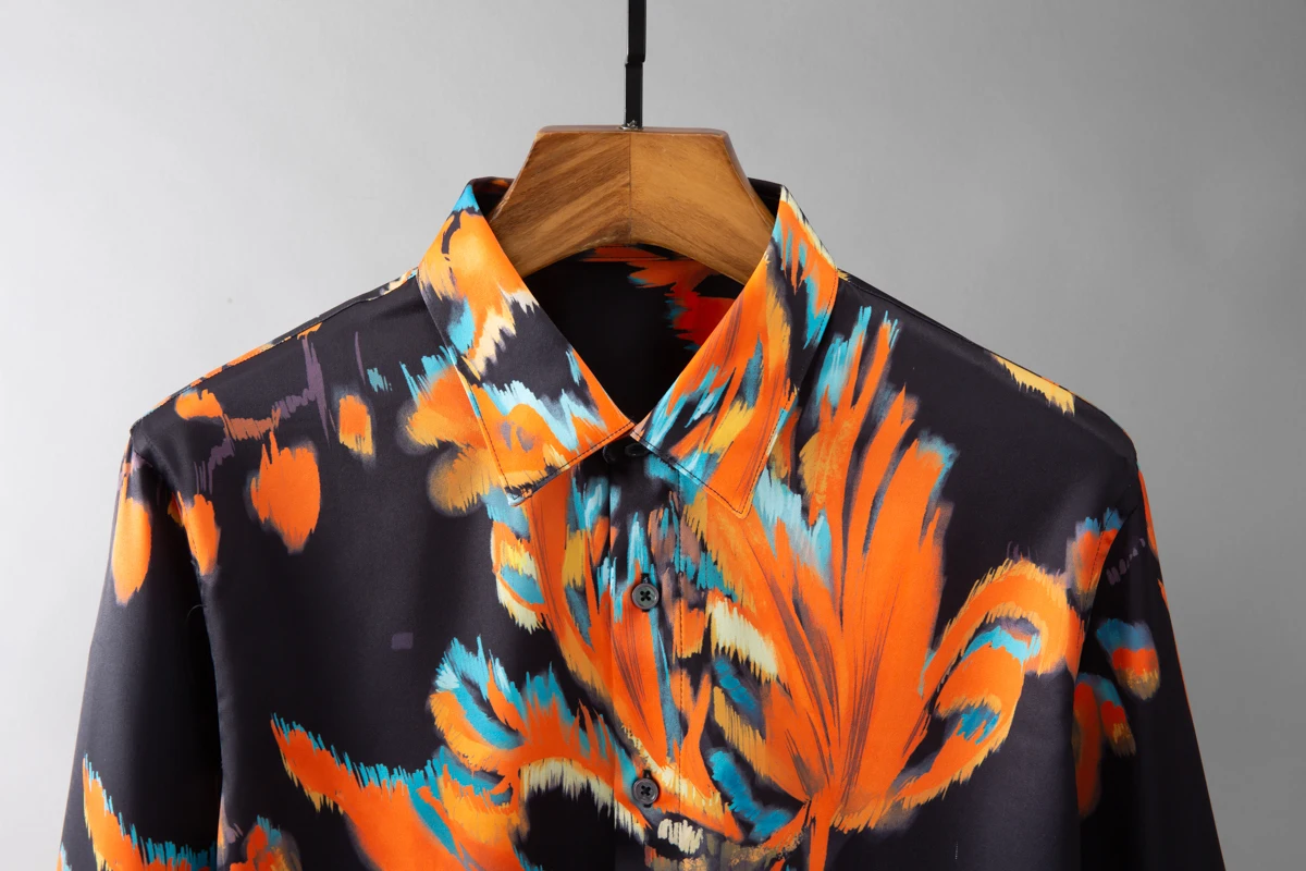 Autumn Floral Gradient Men's Casual Shirt Handsome Men's Silk Flower Shirt Business Social Party Tuxedo Blouse Camisa Masculina