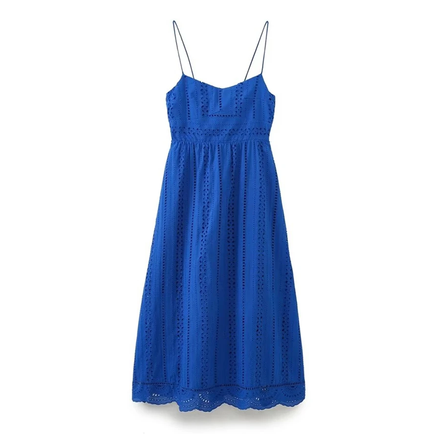 

Maxdutti Embroidered Hollow Royal Blue French Country Midi Dress Style Female Holiday Casual Cotton Suspender Dress