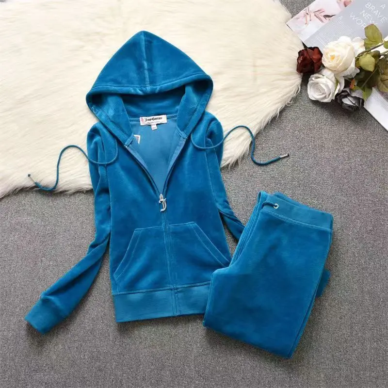 

2023 Leisure Velvet Women 2 Pieces Outfits Zipper Hooded Tops And Spilled Sweat Pants Tracksuit Set Female Sportwear S-2XL