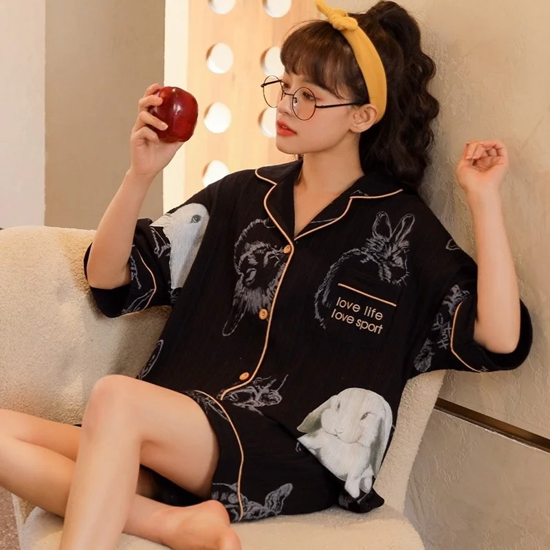 2022 Summer New Style Pajamas Women's Cardigan Lapel Cotton Thin Korean Sweet And Lovely Home Clothes Can Be Worn Out