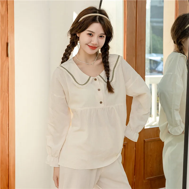 2023 Spring and Summer New Pajamas Women's Woven Cotton Long-Sleeved Trousers Lapel Sweet Girl Cute Suit