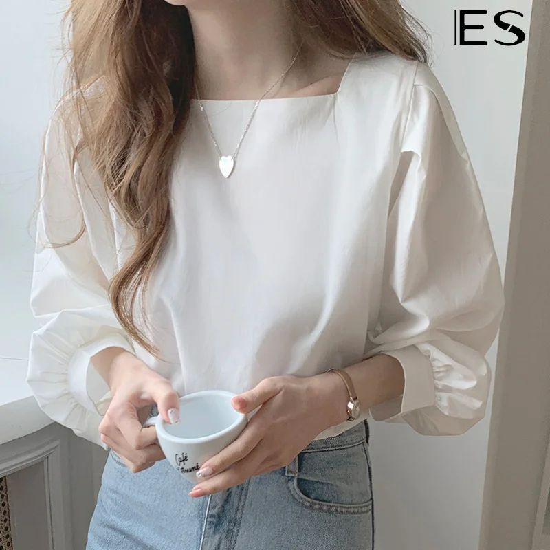 

ES 2022 shirt women's Korean version simple minority temperament flare sleeve shirt French square neck loose solid color top