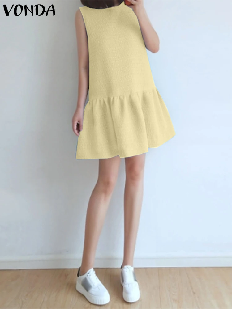 

Women Summer Dress Sexy Ruffle Mini Sundress Vintage Solid Color Tank Vestidos 2023 VONDA Beach Holiday Dress Casual Robe Femme