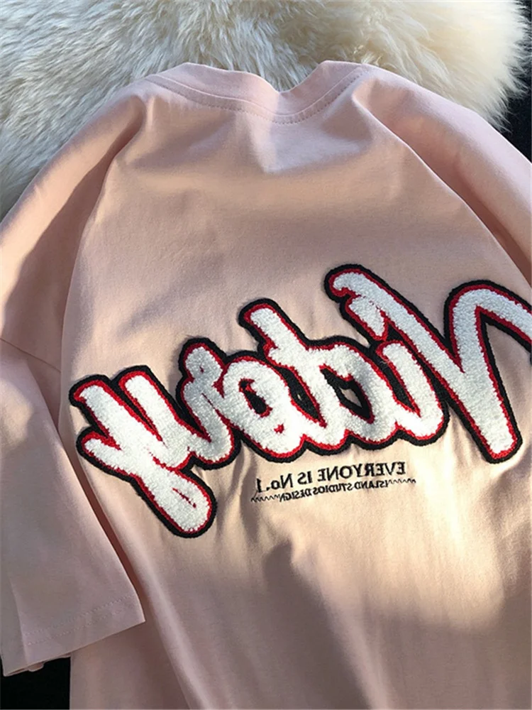 

H.SA Summer Cotton Loose Retro Chic Sweet T-shirts 2022 Female New Short-Sleeve Letter Embroidery Women's Oversize Hiphop Tops