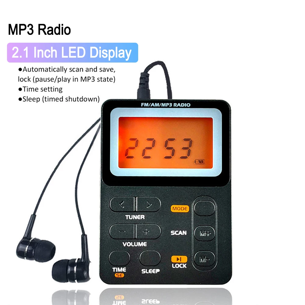 

1Pcs FM AM MP3 Player 2.1 Inch LED Display 2 Band Digital Walkman Radio Micro USB Charging 3.5mm Jack for Outdoor Camping Sports