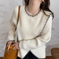 elegant chic sweater women o neck loose split long sleeve pullover white kawaii fashion knitwear tender casual knitted top new