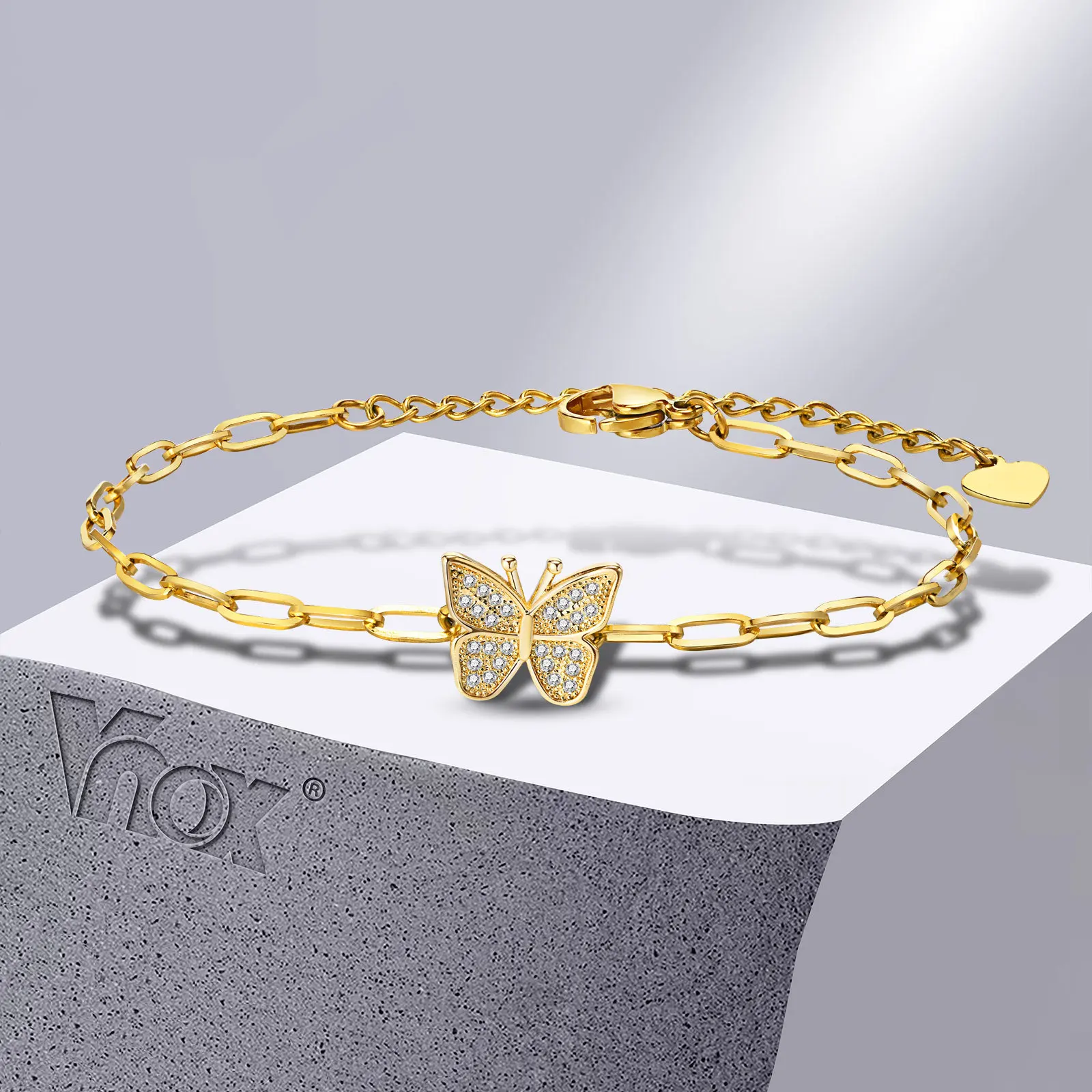 

Vnox Elegant Butterfly Bracelets for Women,Gold Color Stainless Steel Link Chain Wristband with Heart Star Bling Cubic Zirconia